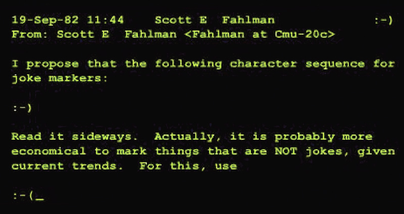 Text of Fahlman’s original post proposing the smiley. Photo courtesy of the School of Computer Science / Carnegie Mellon University.