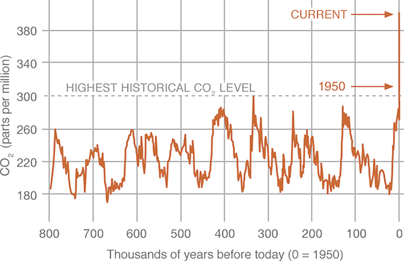 Figure 2. Proxy (indirect) measurements of CO2 levels. Data source -  Reconstruction from ice cores. Credit - NOAA, source -  climate.nasa.gov/vital-signs/carbon-dioxide/.