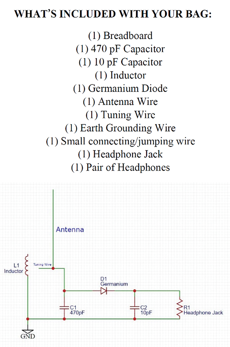 Image of the paper stapled to each bag, listing parts and showing the circuit diagram for the unpowered radio.