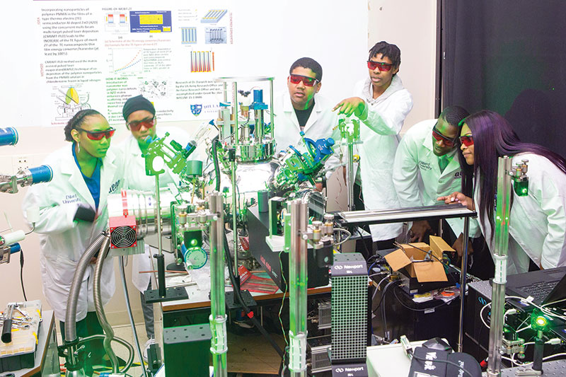 Members of the Dillard University SPS chapter work on a research project funded by the Air Force Office of Scientific Research. 