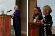 Conference Banquet Friday night at the City Limits Banquet Hall.  ( left) Julie Webster, Program Operations Manager of the Cassini Mission Spacecraft from JPL discuses Cassini’s Grand Finale, (right) Karen Jo Matsler presenting the Mary Beth Todd Monroe award to Toni Sauncy